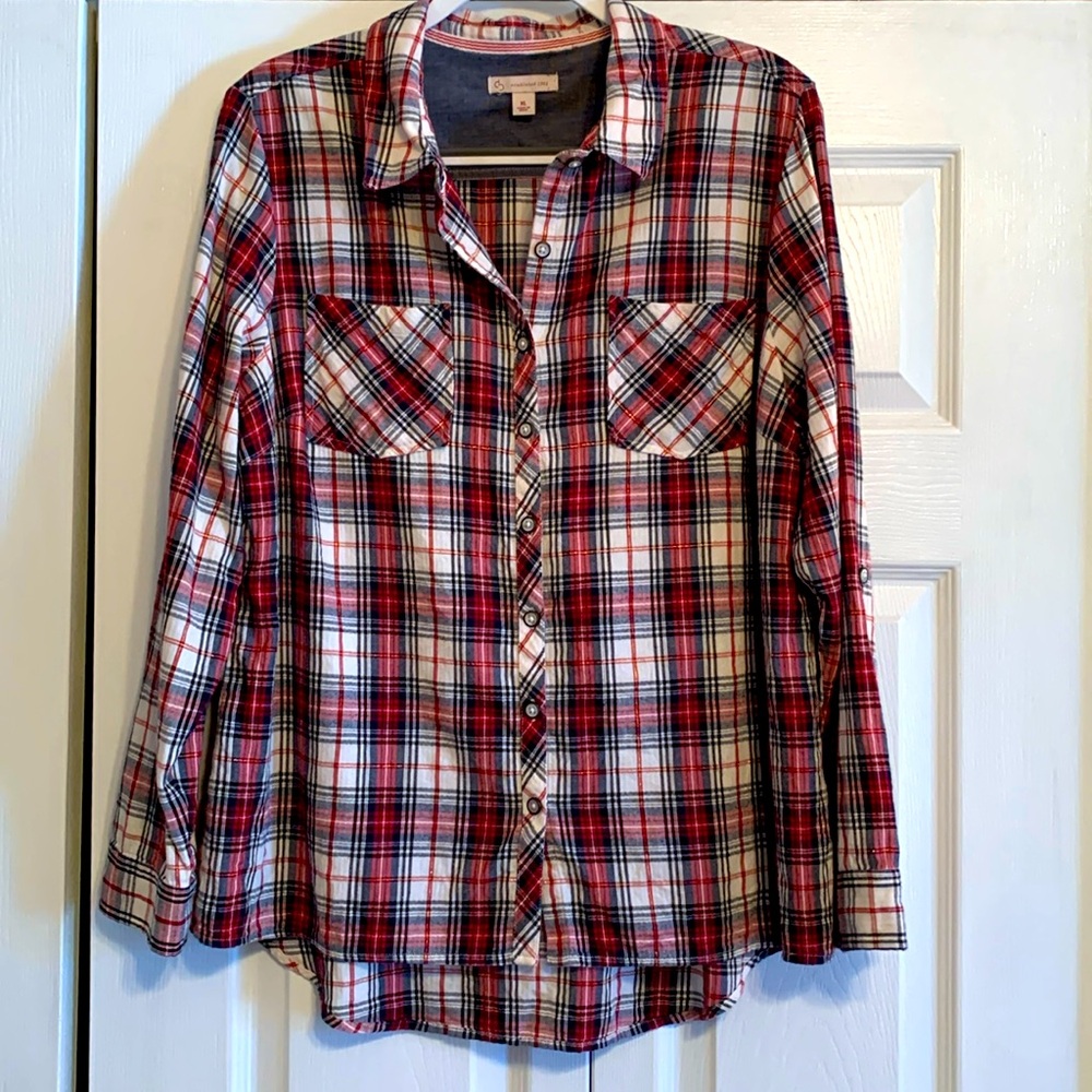 db established 1962, Plaid Button Up shirt blouse, Size XL (read description)